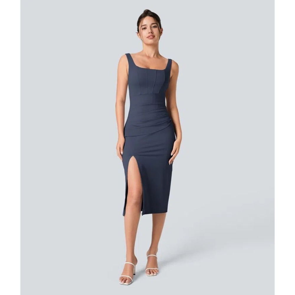 Halara Navy Blue Ruched Maxi Dress Sleeveless Side Slit Draped Corset Seam Small